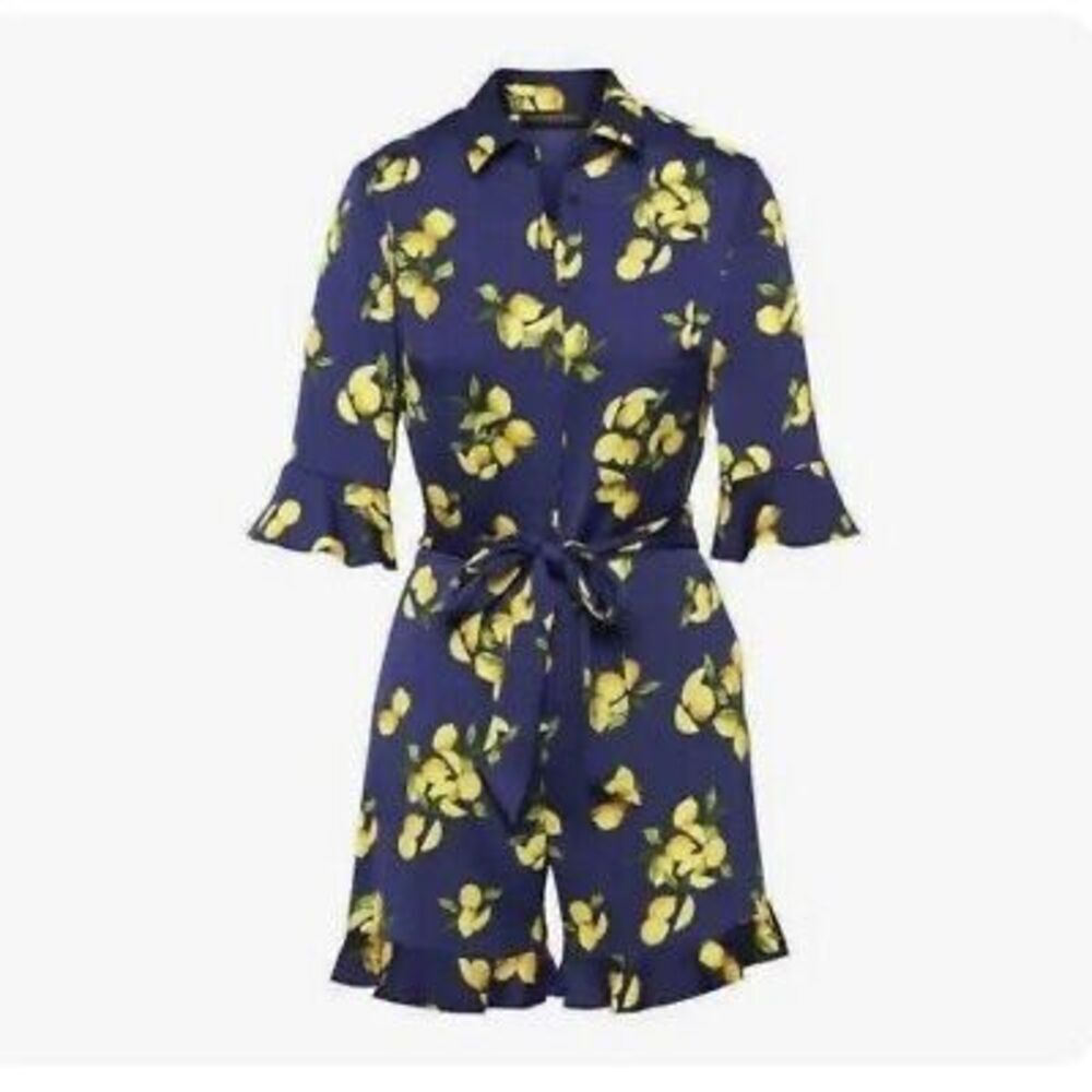 NEW‎ Banana Republic Navy And Yellow Lemon Print Romper With Ruffles Size 12